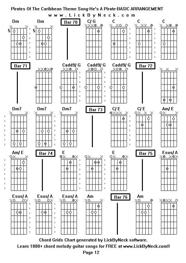 Chord Grids Chart of chord melody fingerstyle guitar song-Pirates Of The Caribbean Theme Song-He's A Pirate-BASIC ARRANGEMENT,generated by LickByNeck software.